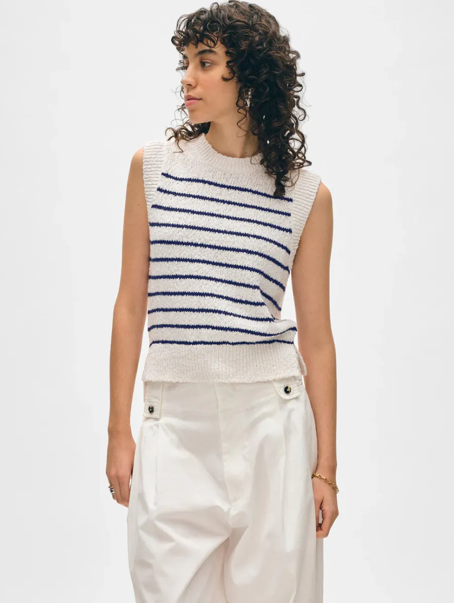 Discount White + Warren cotton slub rib trim tank Ivory/Navy