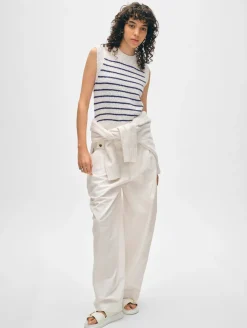 Discount White + Warren cotton slub rib trim tank Ivory/Navy