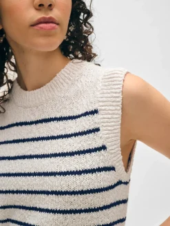 Sale White + Warren cotton slub rib trim tank Ivory/Navy