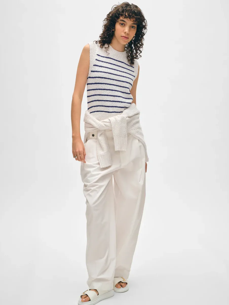 Sale White + Warren cotton slub rib trim tank Ivory/Navy