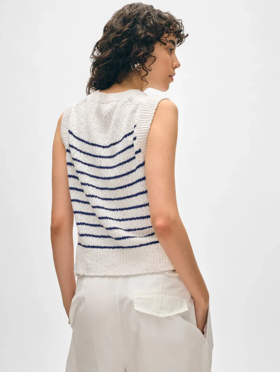 Sale White + Warren cotton slub rib trim tank Ivory/Navy