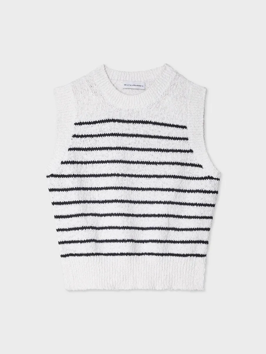 Sale White + Warren cotton slub rib trim tank Ivory/Navy