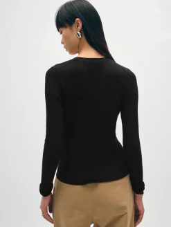New White + Warren linen gauze ribbed v neck cardigan Black
