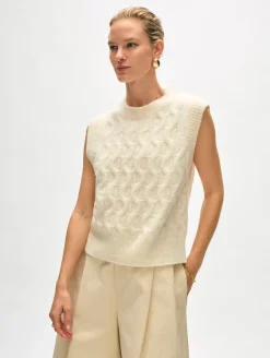 Discount White + Warren merino cashmere boucle cable vest Ivory