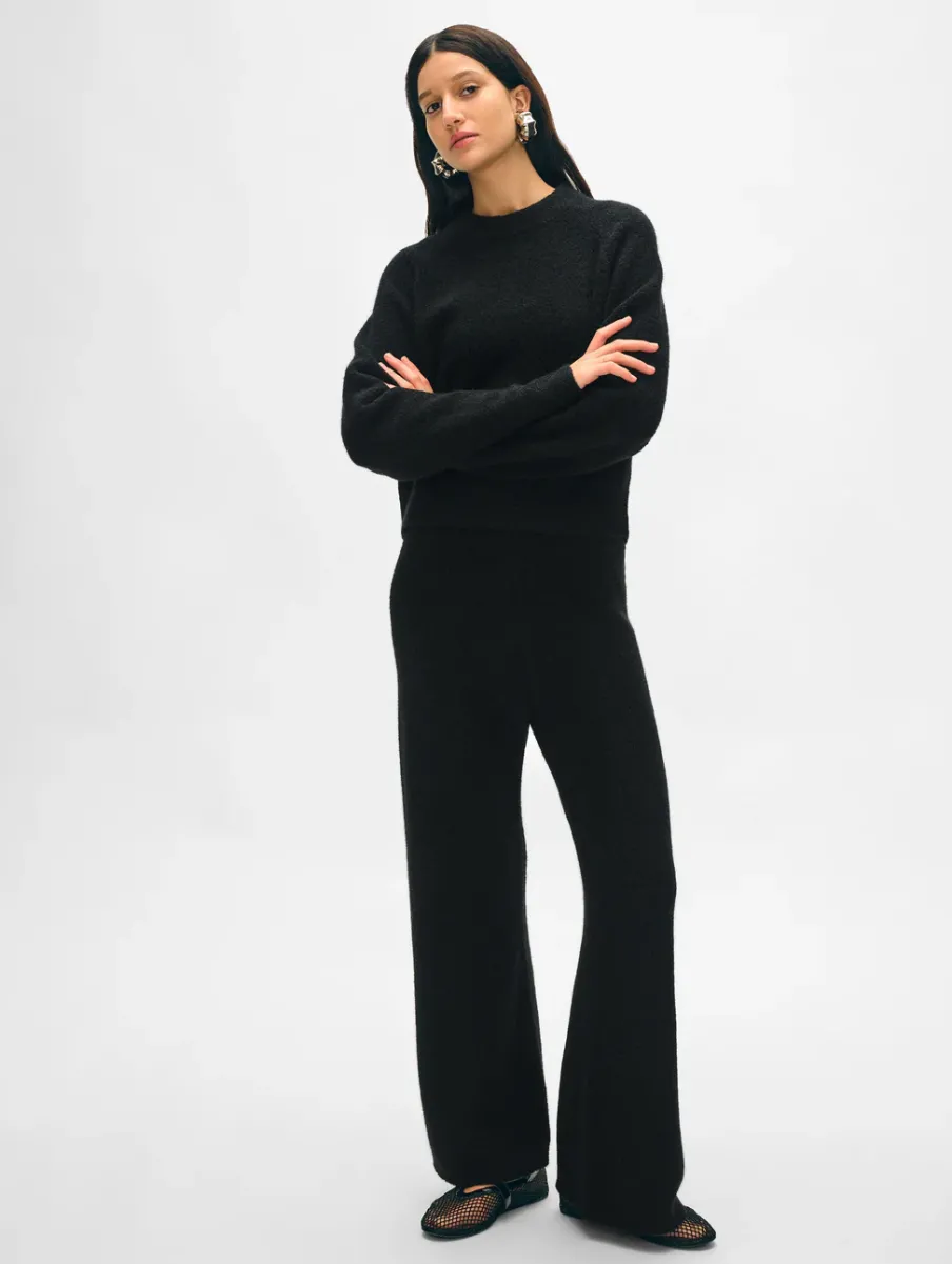Clearance White + Warren merino cashmere boucle wide leg pant Black