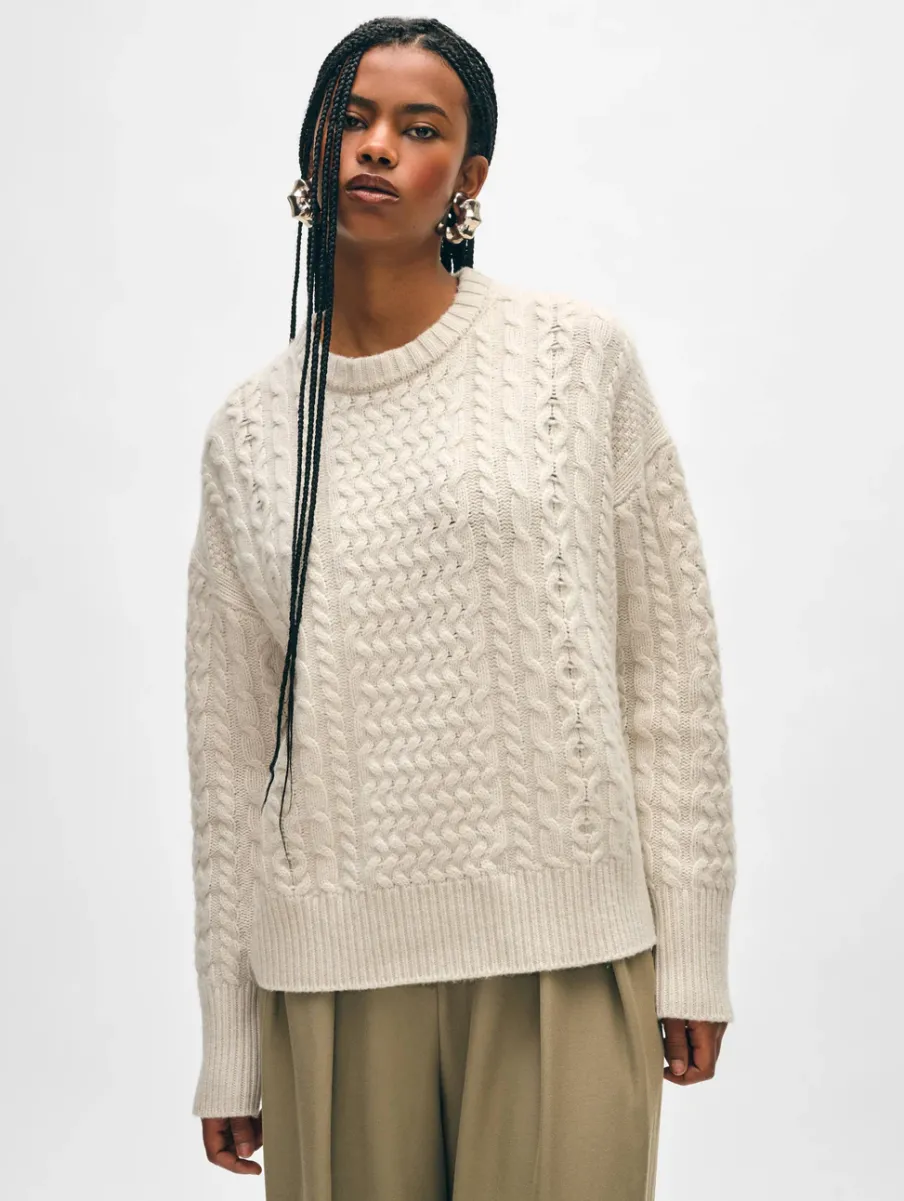 Sale White + Warren merino cashmere cable crewneck Ivory