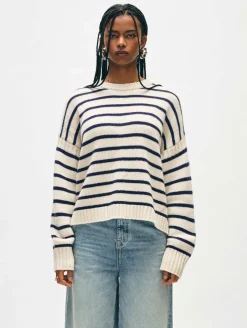Best White + Warren merino cashmere striped crewneck Ivory/Navy