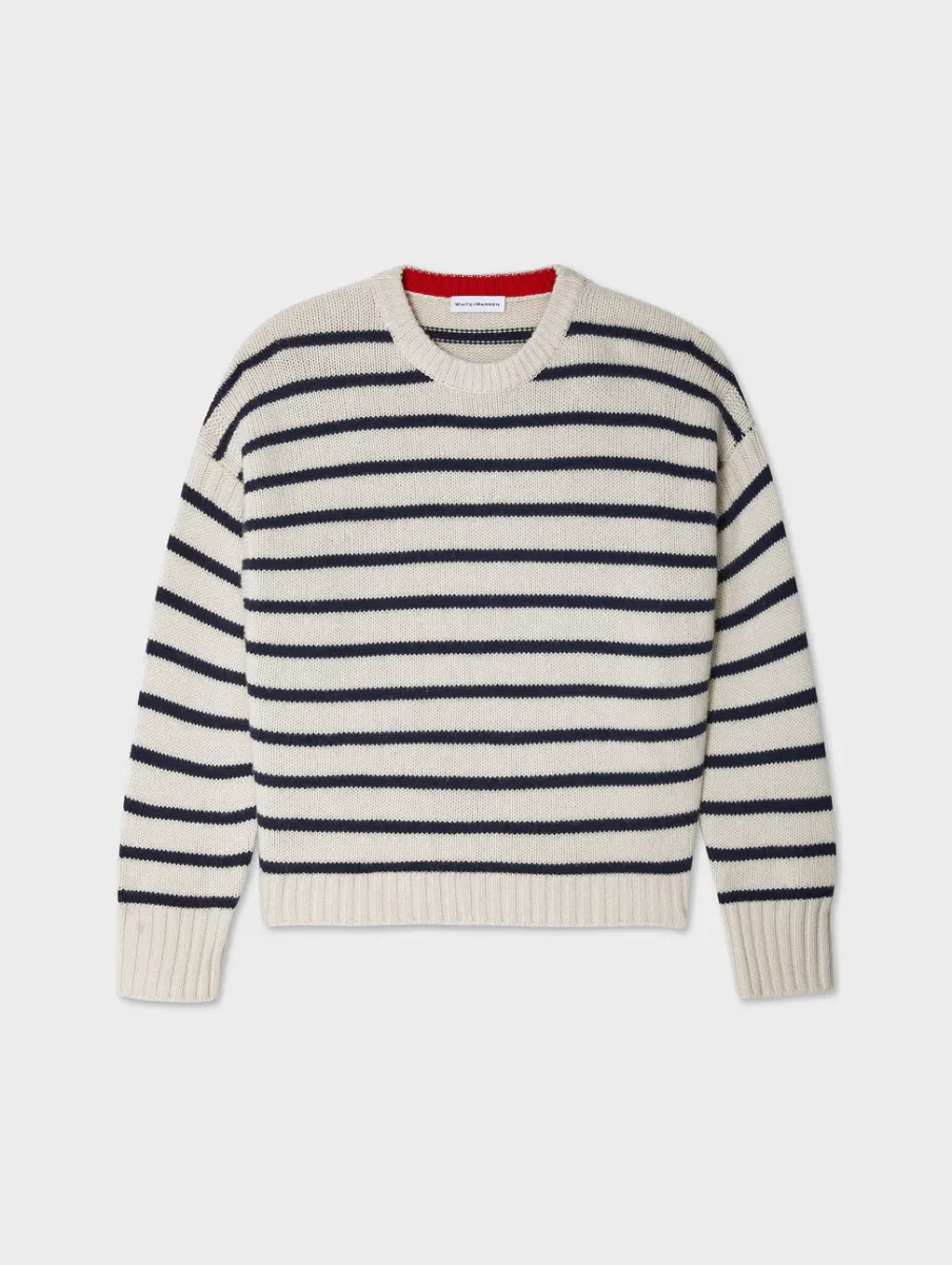 Best White + Warren merino cashmere striped crewneck Ivory/Navy