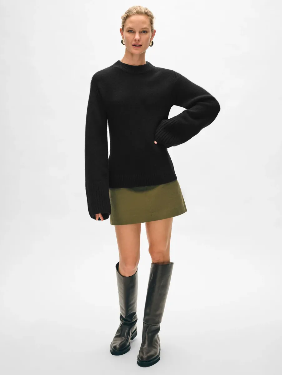 Outlet White + Warren merino cashmere waisted crewneck Black