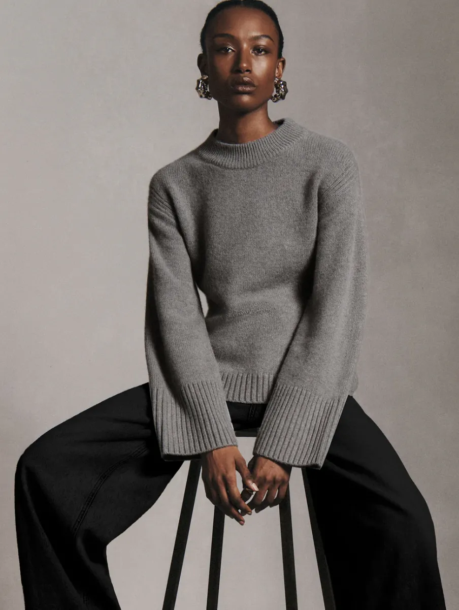Online White + Warren merino cashmere waisted crewneck PewterHeather