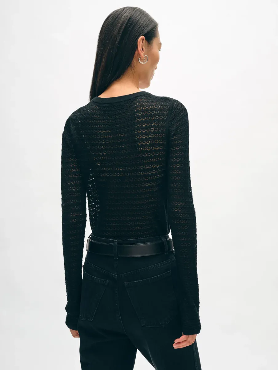 Hot White + Warren superfine merino lace stitch top Black