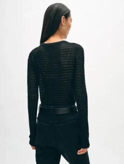 Fashion White + Warren superfine merino lace stitch top Black