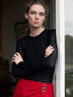 Fashion White + Warren superfine merino lace stitch top Black