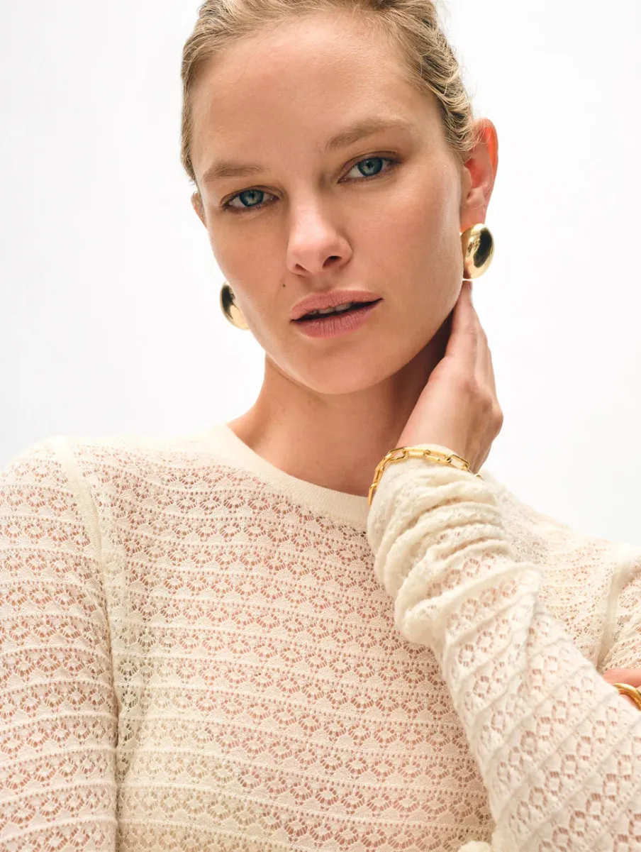 Fashion White + Warren superfine merino lace stitch top Ivory