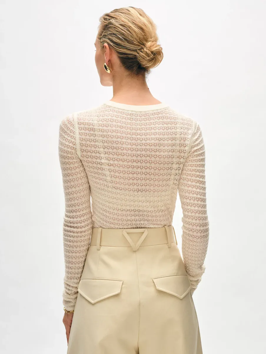 Fashion White + Warren superfine merino lace stitch top Ivory