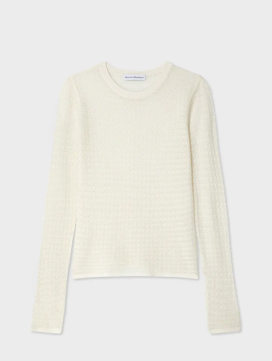 Fashion White + Warren superfine merino lace stitch top Ivory