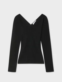 Online White + Warren superfine merino ribbed v neck top Black