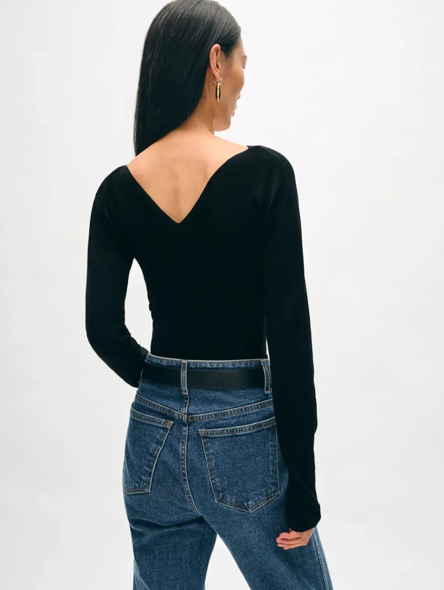 Hot White + Warren superfine merino ribbed v neck top Black