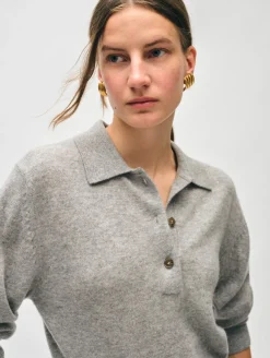 Best White + Warren cashmere button polo GreyHeather