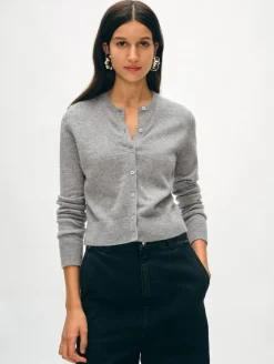 Best White + Warren cashmere crewneck cardigan GreyHeather